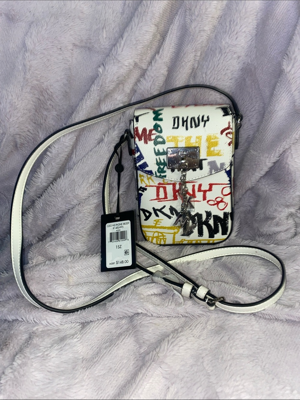DKNY White Graffiti Print Crossbody with Charm Lock